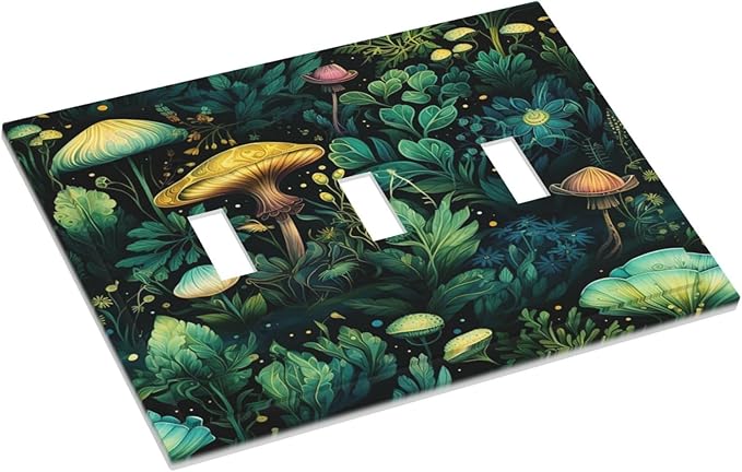Green Dark Forest Mystical Mushroom 3 Gang Light Switch Covers Triple Toggle Wall Plate Decorative Switchplate Electrical Faceplate for Country Bathroom Bedroom Kitchen Decor