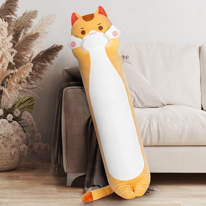 Long Cat Plush Kawaii Body Pillow, 20” Cute Brown Cat Stuffed Animals Soft Plushies, Orange Kitten Plush Throw Pillow Doll Toy Gift for Girlfriend