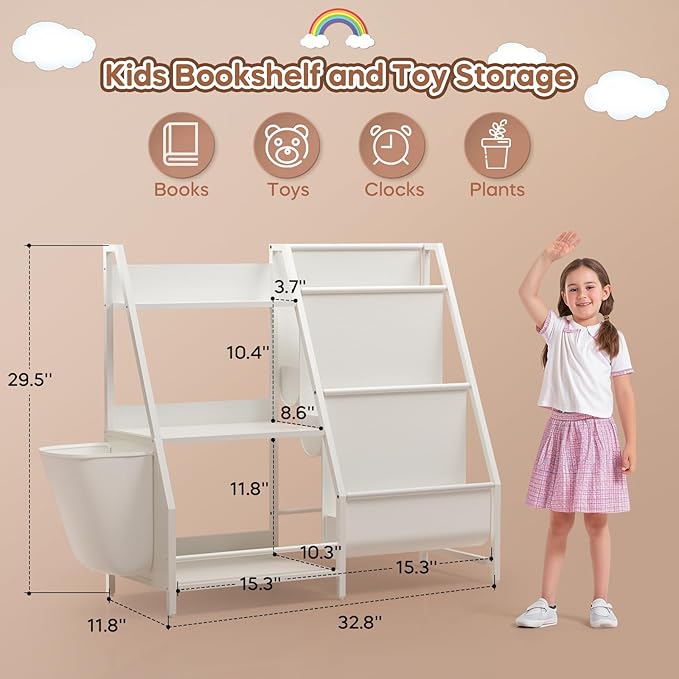 Kids Bookshelf and Toy Storage, Montessori Toddler Bookshelf for Kids, Baby Bookcase Toy Storage Organizer for Kids Rooms, Playroom, Bedroom, Nursery