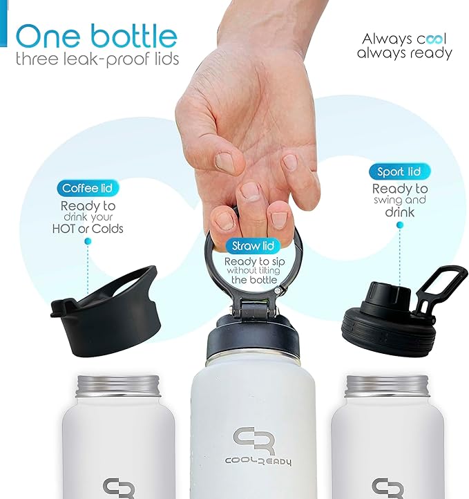 40oz Stainless Metal Black Water Bottle with Straw - Handle Lid, Thermos Coffee Travel Lid and Chug Lid - Double Walled Steel Sports Bottle - Work Out Bottle – Leak Proof -