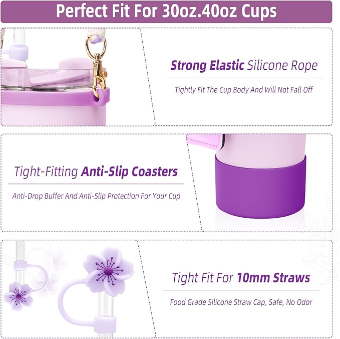 Stanley Cup Accessories Set Including 1 Pcs Water Bottle Handle Strap, 1 Pcs Siliocne Straw Cover, 1 Pcs Siliocne Stanley Cup Boot, 3 Pcs Stanley Charms for Stanley Cup 40oz & 30oz Tumbler - Purple
