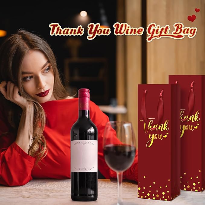 Ctosree 30 Pcs Wine Gift Bag for Wine Bottle Wedding Wine Thank You Gift Bag with Metallic Gold Foil Print Kraft Wine Paper Favor Bag with Attractive Rope Handle for Graduation Bottle(Burgundy)