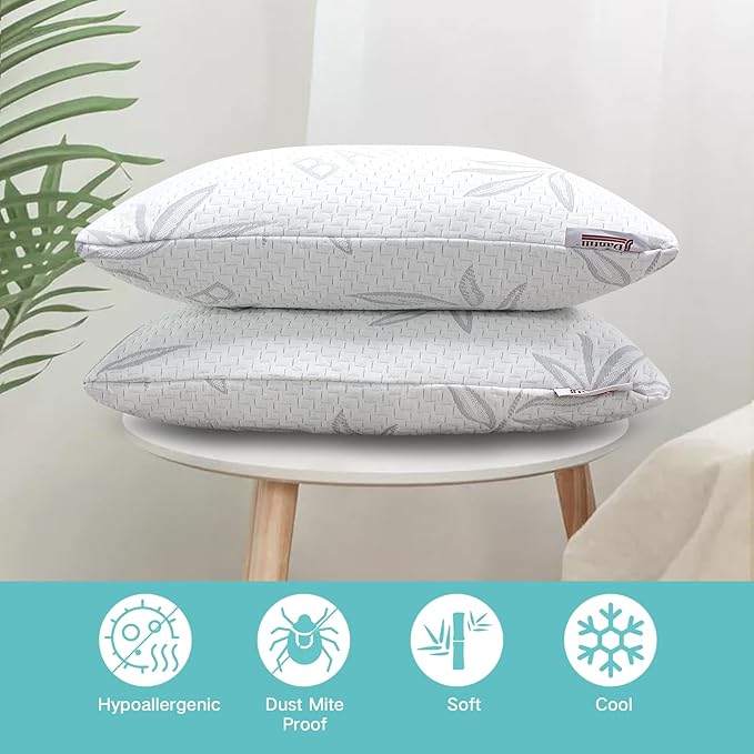 JJDANFILL Rayon Derived from Bamboo Pillow Standard Size Set of 2 - Machine Washable Bed Pillows for Sleeping for Back, Stomach and Side Sleeper - Firm Shredded Memory Foam Pillows 20 * 26in