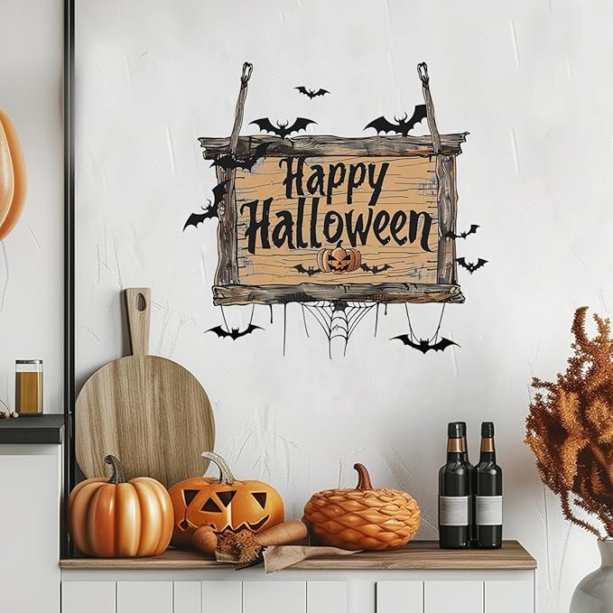 Halloween Wall Stickers Pumpkin Bat Happy Halloween Door Sign Decals Self Adhesive Halloween Wall Decor for Wall Window Glass Mirror Halloween Party Favor Supplies Halloween Decoration Clearance