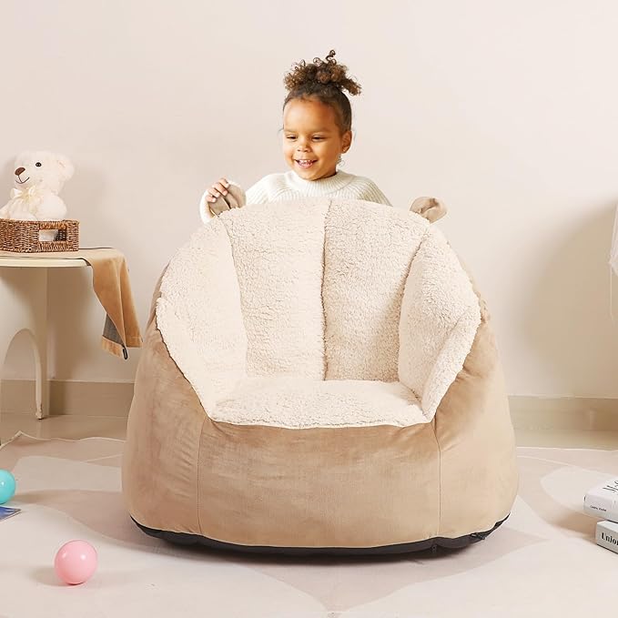 Cute Soft Bean Bag Chair for Kids with Fluffy Bear Ears, Cozee Fluffy Lazy Chair for Up to 10 Years Old Girls and Boys