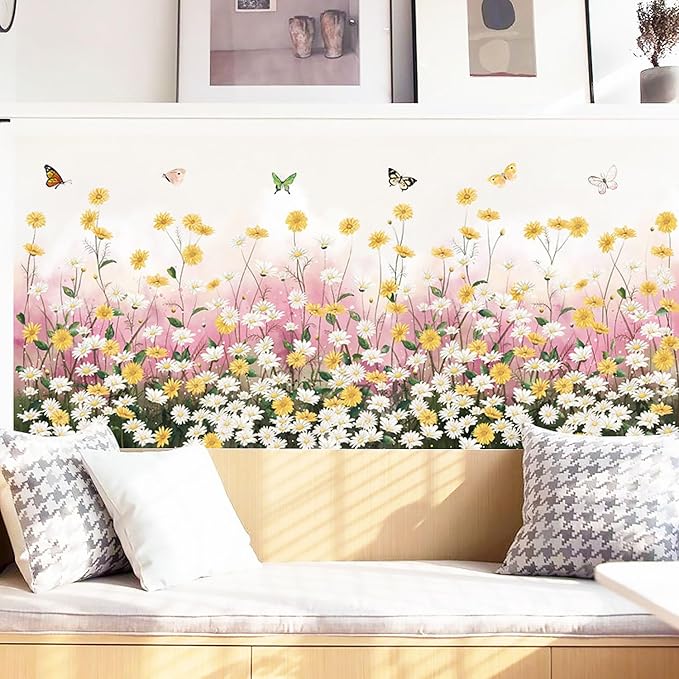 Daisy Flowers Wall Decal Chrysanthemum Butterfly Wall Sticker Removable Vinyl Garden Bouquet Wall Murals for Living Room Bedroom Kitchen Nursery Decors