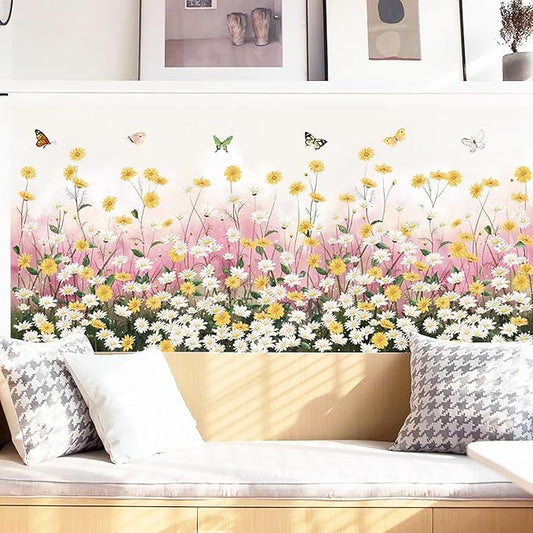 Daisy Flowers Wall Decal Chrysanthemum Butterfly Wall Sticker Removable Vinyl Garden Bouquet Wall Murals for Living Room Bedroom Kitchen Nursery Decors