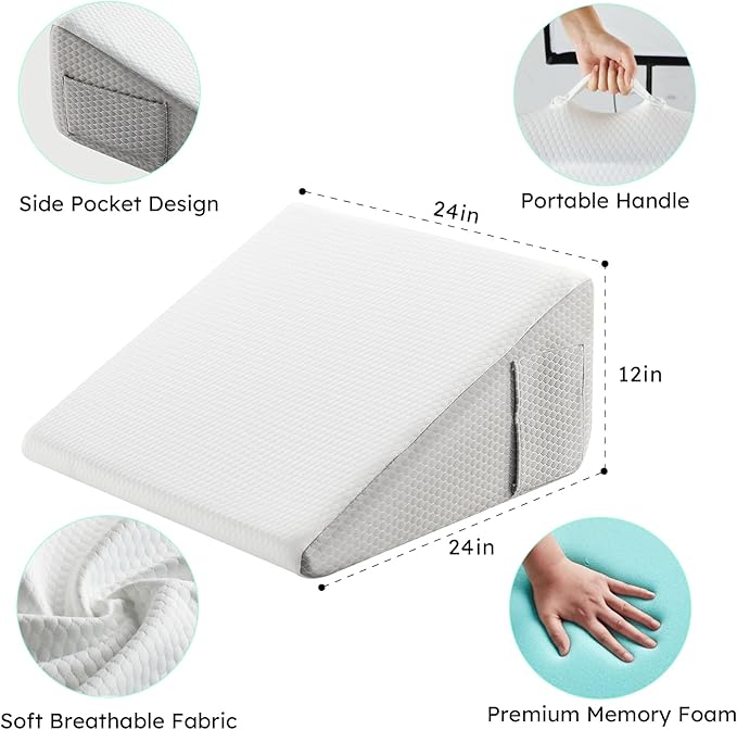 Wedge Pillow for Sleeping, 12 inch Bed Wedge Pillow, Elevated Body Pillow for Back Support, Acid Reflux, Leg, Neck Pain, Snoring, Triangle Pillow Wedge - Cooling Memory Foam Top, White/Grey