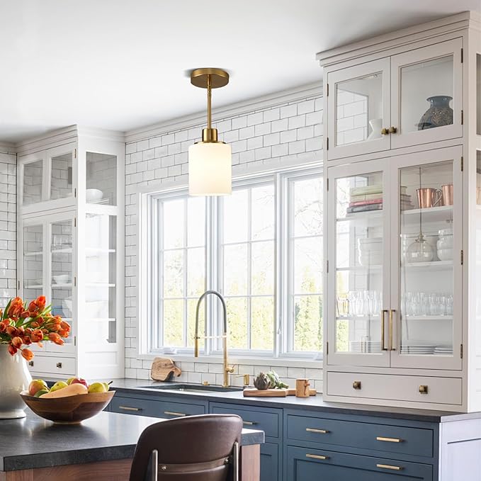 Matte Brass Pendant Lights Kitchen Island - Milk Glass Pendant Light Fixture Multiple Stems Rods 3 Units 12 Inch 3 Units 4 Inch (2 Pack Brass Downrod)