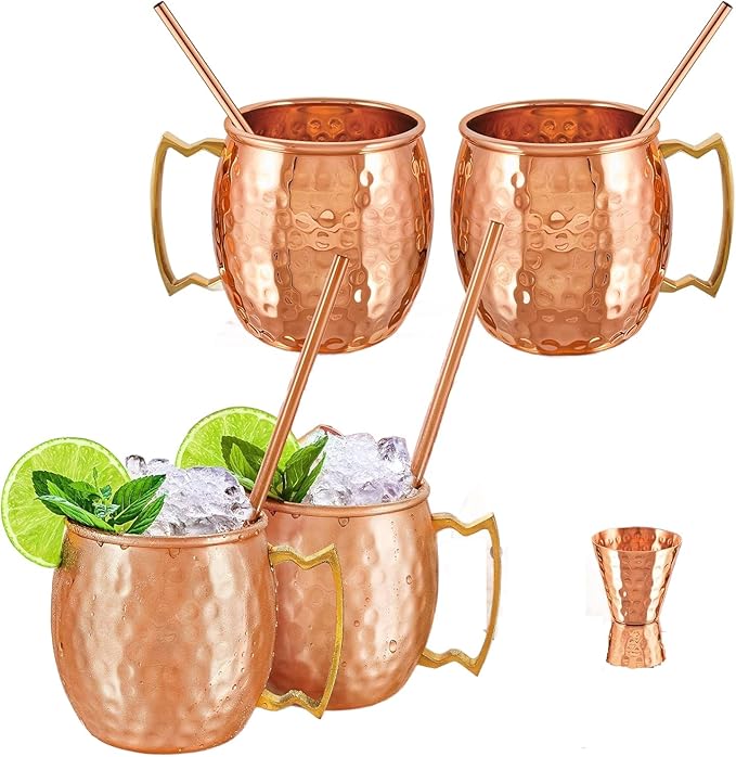 Moscow Mule Copper Mugs - Set of 4 Mug with Shot Glass 100% Handcrafted 16 oz Set with Premium Quality Cocktail Copper Straws and Jigger! - Pure Solid Mugs 4 Perfect Cocktail Mug