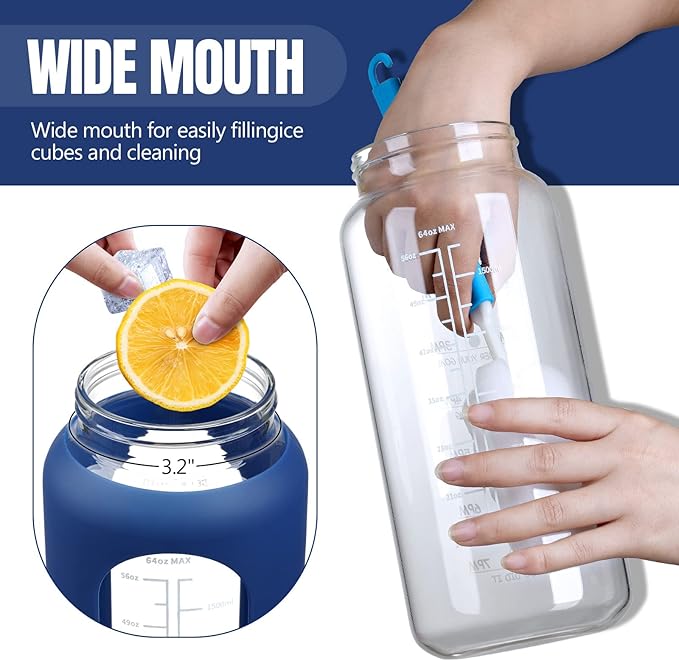 MUKOKO 64oz Glass Water Bottles with Straw, Half Gallon Water Bottle with Time Marker, Motivational Water Bottle with Silicone Sleeves,Large Glass Water Bottle for Gym,Working,Outdoor,Klein