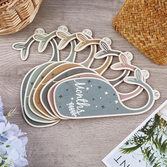 CRASPIRE 8Pcs Wooden Baby Wardrobe Dividers Whale Nursery Decor from Newborn to 24 Month Hanger Seperaters Baby Closet Organizers Nursery Infant Wardrobe Hangers Divider for Newborn Shower