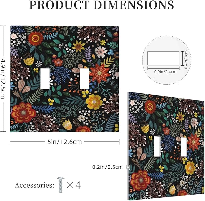 Colorful Flower Boho Floral Rustic Dark Leaves Double Toggle Light Switch Covers 2 Gang Wall Plate Dual Decorative Switchplate Electrical Faceplate for Farmhouse Country Bedroom Kitchen Decor