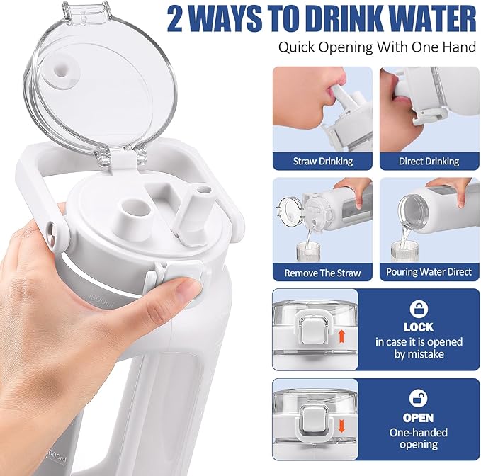 BLUEGO 64 oz Glass Water Bottle, Drinking Water Bottle with Handle and Straw, Half Gallon Motivational Water Bottle with Silicone Sleeve and Time Marker, Sports Water Bottle, BPA Free White