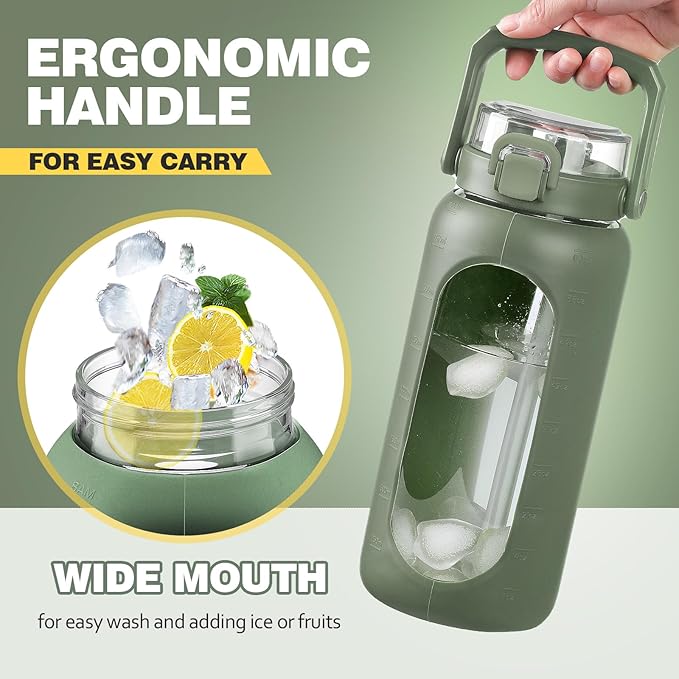 BLUEGO 64oz Glass Water Bottle with Handle and Straw, Motivational Sports Water Bottle with Time Marker and Silicone Sleeve Leakproof Drinking Bottle for Travel Gym Workout, Olive