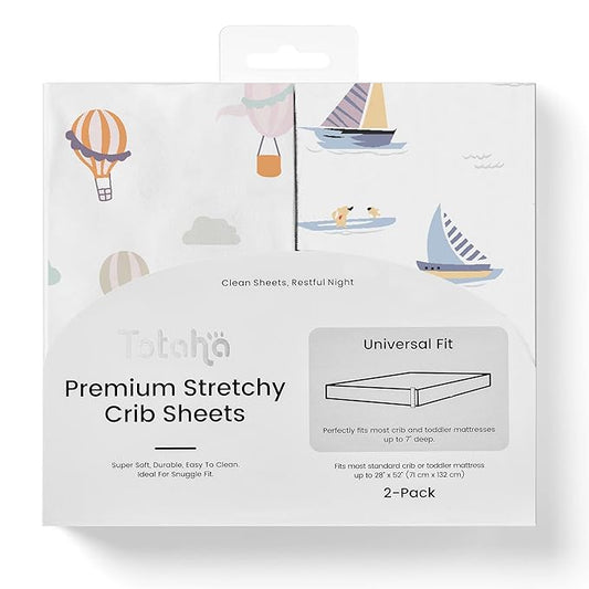 TotAha Premium Stretchy Crib Sheets (2-Pack)-Hypoallergenic, Silky Comfort, Buttery Soft, Calming Effect, All-Season Jersey-Knit Sheets, 28 X 52 X 9'' Extra Deep Pocket (Balloon & Sailboat)