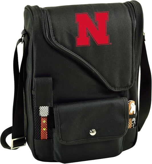 Nebraska University Cornhuskers Licensed Deluxe Wine Carrier with Wine Glasses and Accessories for Two Assembled & Quality Approved in The USA