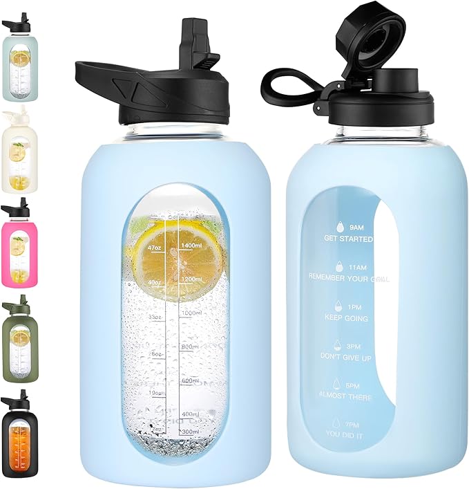 CIVAGO 64 oz Glass Water Bottle Jug with Straw and Handle, Half Gallon Sports Motivational Water Bottle with Time Marker, Wide Mouth Water Flask Canteen with Silicone Sleeve for Gym,Light Blue