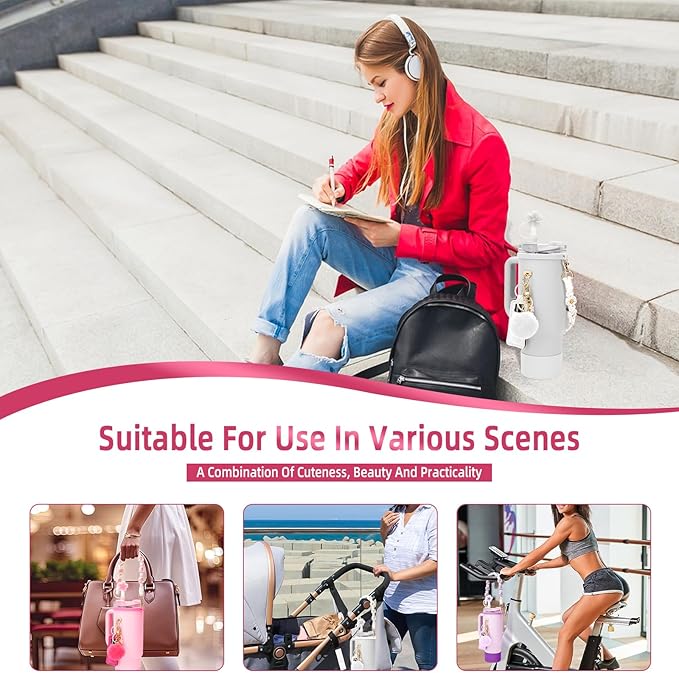 Stanley Cup Accessories Set Including 1 Pcs Water Bottle Handle Strap, 1 Pcs Siliocne Straw Cover, 1 Pcs Siliocne Stanley Cup Boot, 3 Pcs Stanley Charms for Stanley Cup 40oz & 30oz Tumbler - Pink