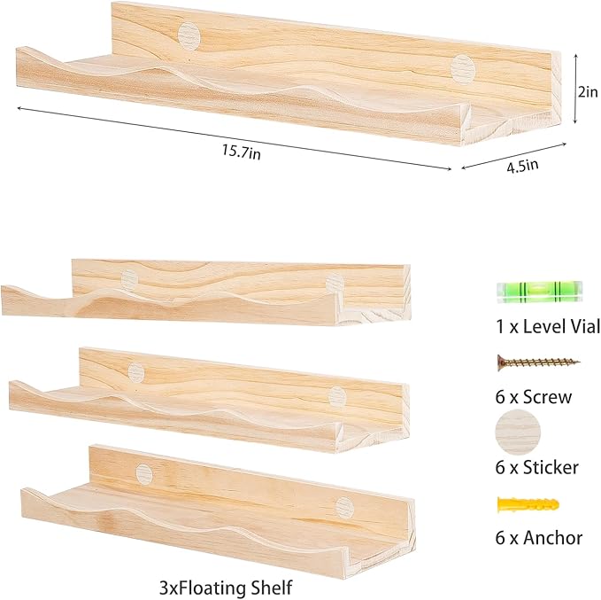 AZSKY Floating Bookshelf for Kids, Picture Ledge Shelf for Wall Decor and Storage 16 Inches Nursery Book Shelves Set 3, Baby Book Shelf for Kids Room Decor(Natural Wood) (Natural, 16Inch)