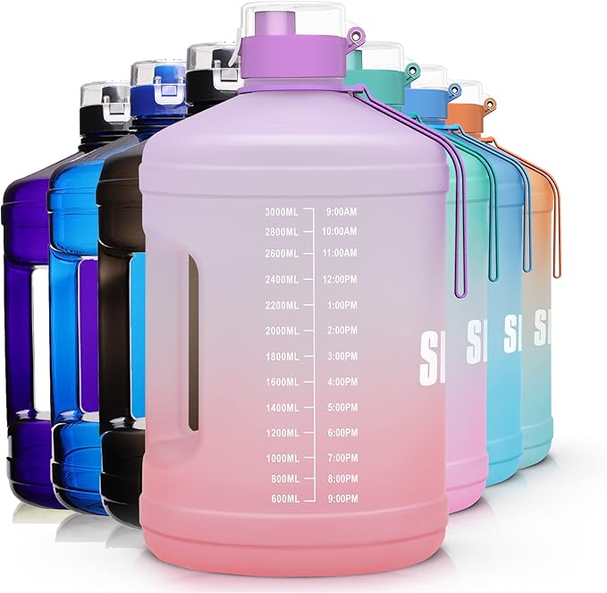 Gallon Big Water Bottle with Handle, 128oz Leakproof BPA Free Fitness Sports Water Bottle with Motivational Time Marker & Wide Mouth Ensure You Drink More Water