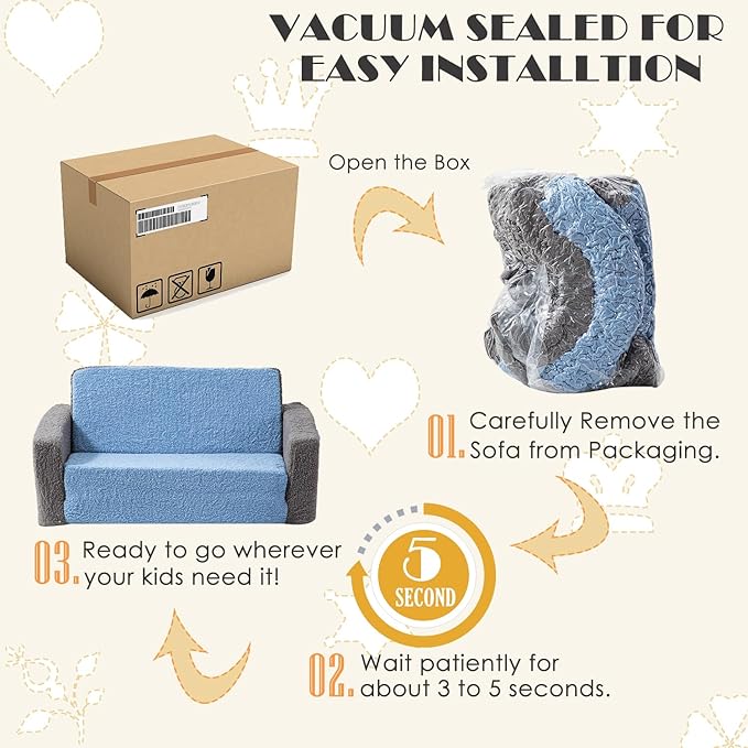 Baby Toddler Sofa Couch for Kids Extra Wide 2-in-1 Toddler Sherpa Fold Out Couch Bed for Playroom, Pull Out Children Convertible Sofa to Lounger for Boys and Girls with Double Pockets, Grey-Blue