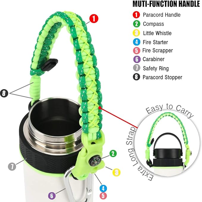 2.0 Paracord Handle for Hydroflask 2.0 Wide & Standard Mouth Water Bottles Carrier with New Ring & Carabiner 12oz - 64oz (32 oz-40 oz Wide Mouth, Glow Green Compass)