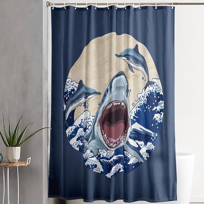 AILONEN Cartoon Shark Shower Curtain for Kids Boys Girls,Blue Ocean Wave with Shark Waterproof Fabric Shower Curtain for Bathroom,Jumping Dolphin Shower Curtain Set with Hooks,60" W*72" H