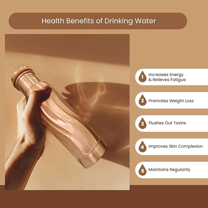 Wave Copper Water Bottle - Leak Proof Ayurvedic Drinkware Copper Vessel for Sports, Gym, Outdoors, Yoga, 30 Oz Pure Copper Vessel for Drinking