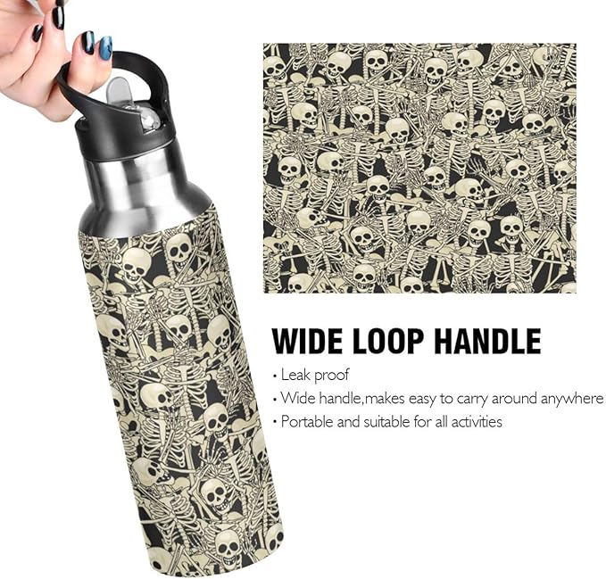 ALAZA Gothic Skull Skeleton Water Bottle With Straw Lids Boys Girls,Vacuum Insulated Leakproof Stainless-Steel Sports Bottle Thermal Flask For Gym Yoga Camping,34Oz (1000Ml)