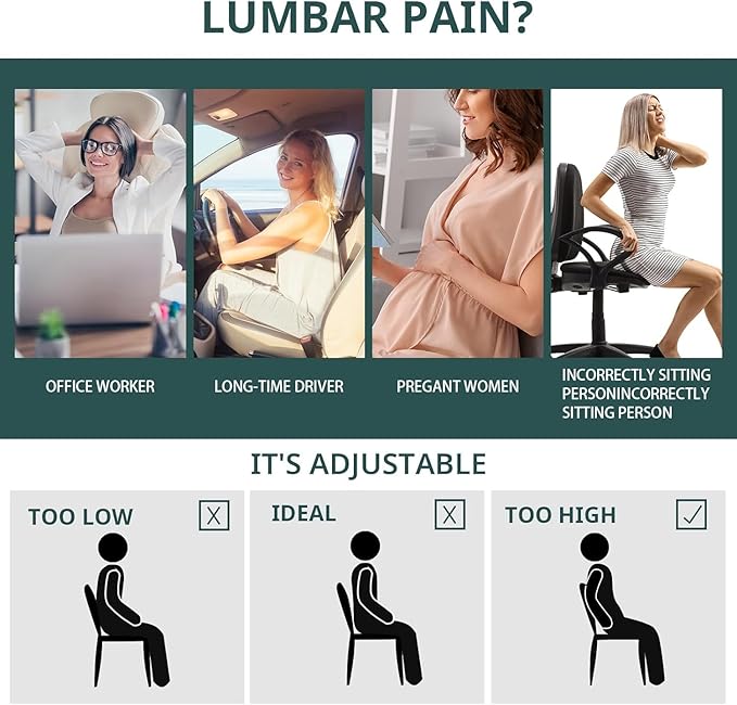 HOMBYS Lumbar Support Pillow for Office Chair-Seat Cushion for Back Support, Improved Sitting Posture and Upper/Lower Back Pain Relief for Desk Chairs, Car Seats and Airplanes (Black, 16"x12"x2")