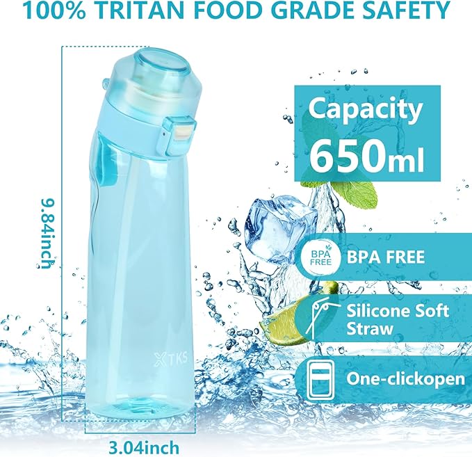 Water Bottle,650ml Air Water Bottle,Water Bottle with Flavor Pods,Leak Proof Sports Water Cup with Straw,Water Bottle Suitable for Outdoor Sports(Blue)