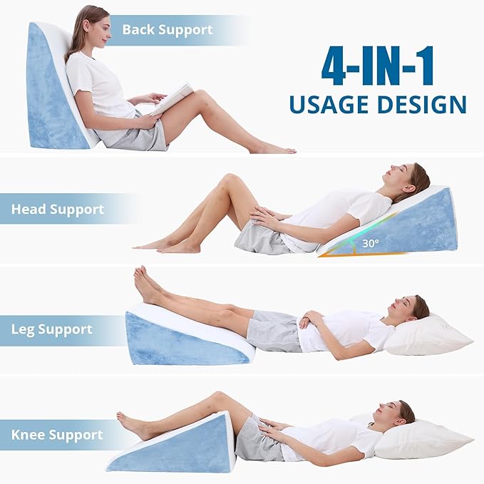 Sasttie Wedge Pillow for Sleep Apnea, 12 Inch Memory Foam Bed Wedge Pillow for Acid Reflux Relief, 30 Degree Triangle Incline Pillow Wedge for Sleeping with Removable Cover, Sky Blue