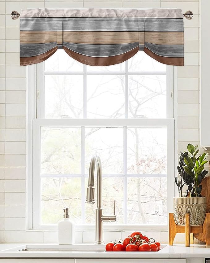Farmhouse Fall Blackout Tie Up Valance Curtains for Kitchen Windows, Brown Grey Window Toppers Balloon Shades for Living Room/Bathroom/Bedroom,1 Panel,42" X 12" Retro Rustic Barn Wood Texture