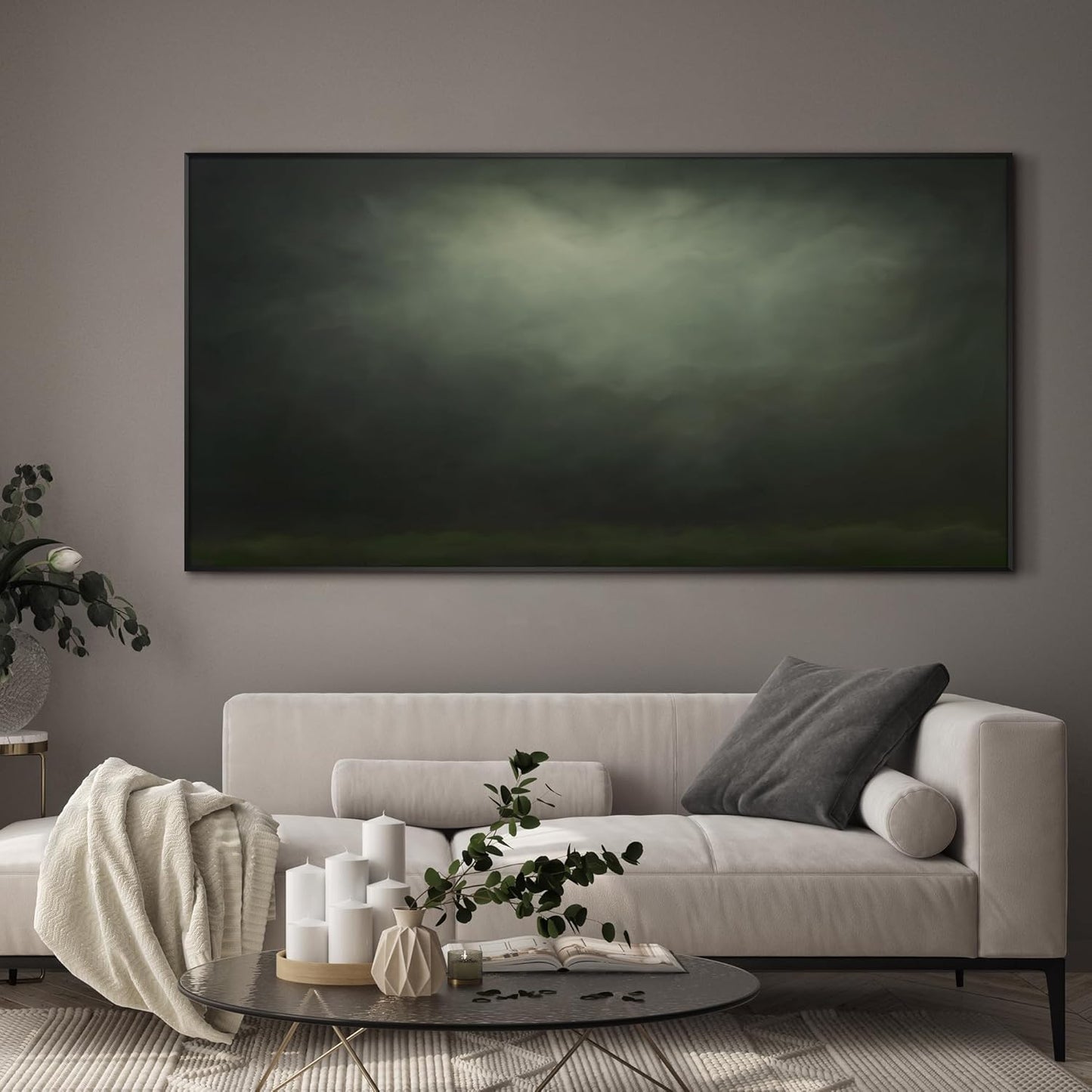 SIGNWIN 24"x46" Extra Large Framed Wall Art Moody Green Abstract Cloudscape, Minimalist Atmospheric Print for Home Living Room Bedroom Decor (Frame Assembly Required)
