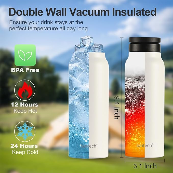 Insulated Water Bottle with Magnetic Phone Holder Compatible with MagSafe and iPhone, Stainless Steel Water Bottle Phone Mount For Sports Travel School, Hot 12H Cold 24H, 24oz (Black)