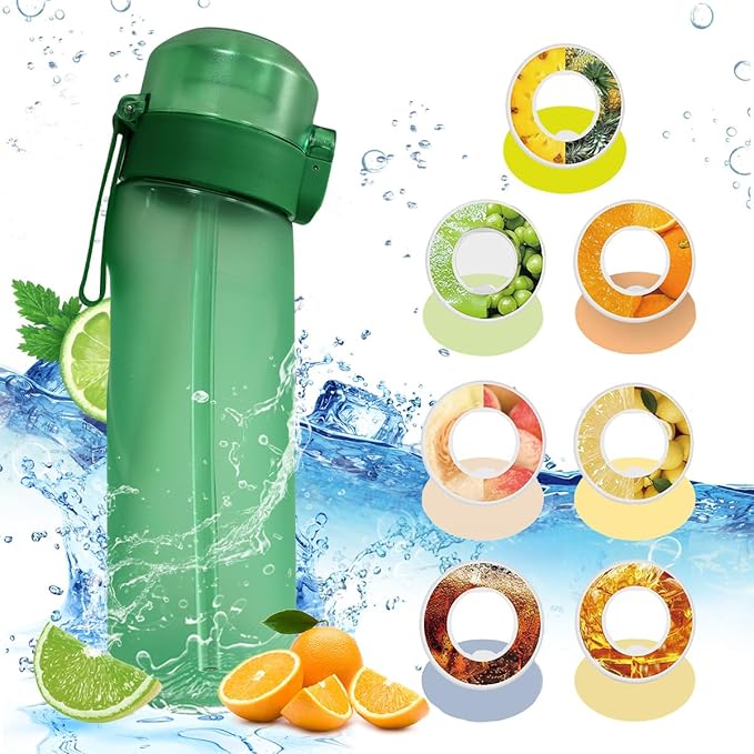 Water Bottle with Flavor Pods 21.9 Oz/650ml Fruit Fragrance Water Bottle Recyclable Sports Air Water Cup Scented Pods for Outdoor (Green)