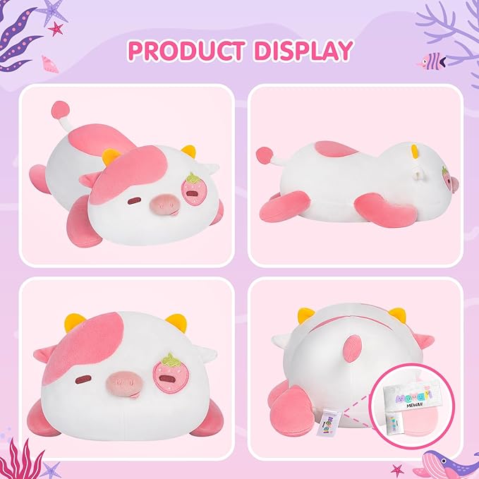 Cute Cow Plush Pillow, Kawaii Plushies Strawberry Cow Stuffed Toys, Squishy Plushies, Cuddle Plush Pillow for Boys & Girls