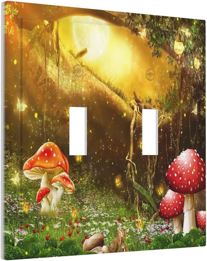 Red Mushroom Forest Fairy Moon Butterfly Double Toggle Bohemian Light Switch Covers Decorative 2 Gang Wall Plate Dual Electrical Faceplate Switchplate for Kidroom Nursery Decor
