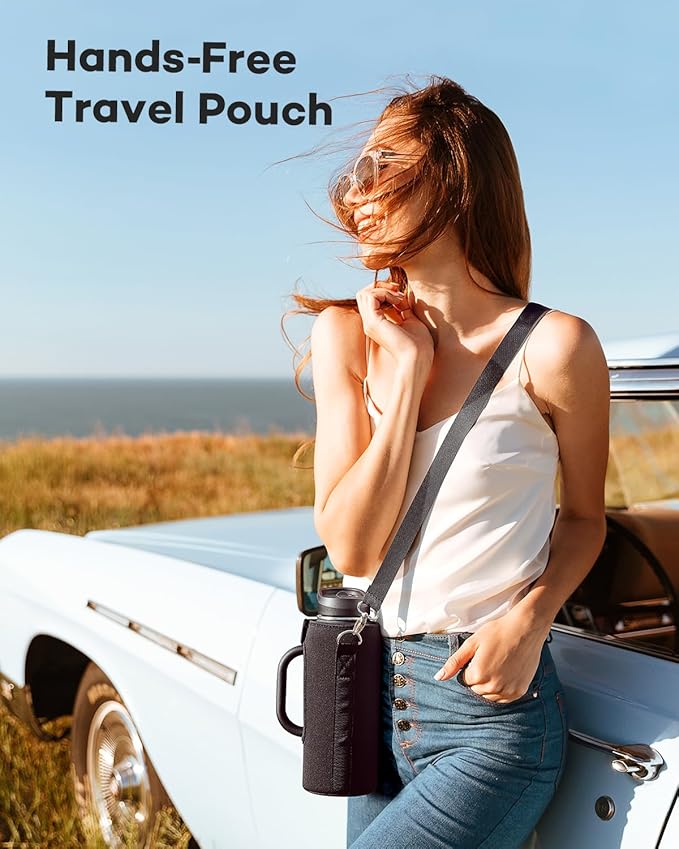 40 oz Insulated Water Bottle with Straw and Lid, Food-grade Double Wall Vacuum Stainless Steel Flask with Handle,Leakproof Metal Travel Jug With Carry Pouch and Brush,Keep Cold & Hot,Black