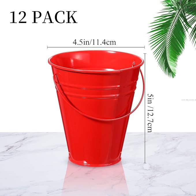 Sadnyy 12 Pack Metal Buckets with Handle, Galvanized Bucket 4.5 x 5 Inch Basket Bucket for Kids, Kids Party Supplies, Crafts for Christmas Halloween Christmas Candy Bars Vase Crafts(Red)