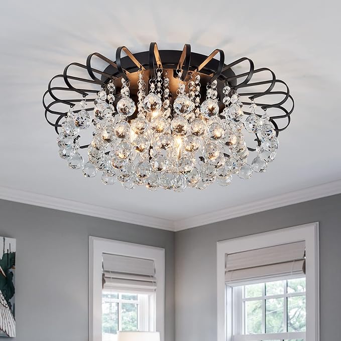 CVKASH Crystal Floral Chandelier 4-Light Antique Modern Black Flush Mount Raindrop Crystal Ceiling Lighting Fixture Chandelier for Living Room Bedroom Dining Room Entryway D17.71 H8.26