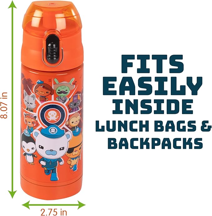 Octonauts Above & Beyond Orange Stainless Steel 13 oz Insulated Water Bottle for Kids - Spill Proof Lid, Easy to Use, Reusable - Keep Liquids Hot/Cold For Hours -Perfect for Travel, School, On-The-Go