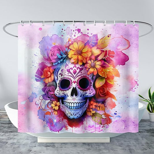 AILONEN Sugar Skull Shower Curtain for Bathroom,Pink Purple Graffiti Flower Art Bathroom Curtain for Kids Girls Teen,Bath Curtain 60" W*72" H Polyester Waterproof Bathroom Curtain with 12 Hooks