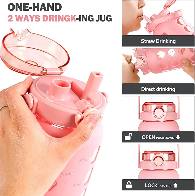 MUKOKO 56oz Glass Water Bottles with Straw and Lid,Motivational Water Jug with Time Marker Reminder and Silicone Sleeve,100% Leakproof BPA Free Fitness Sports Large Bottle-Pink