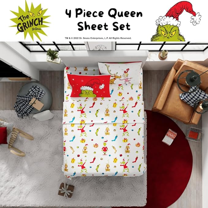 Franco Collectibles Dr. Seuss The Grinch Holiday & Christmas Bedding Super Soft Microfiber 4 Piece Queen Sheet Set, (Officially Licensed Product)