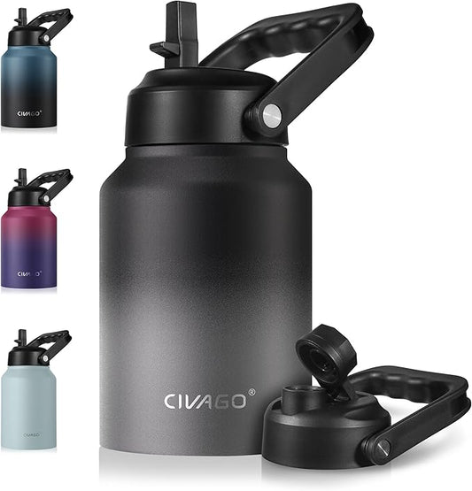 CIVAGO Half Gallon Insulated Water Bottle Jug with Straw, 64 oz Large Stainless Steel Sports Metal Water Flask with Handle, Big Thermal Water Cup Mug with 2 Lids for Camping & Fishing, Black Gray