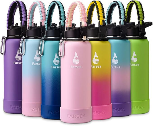Farsea Insulated Water Bottle With Paracord Handle, Protective Boot and 2 Lids (Straw Lid & Spout Lid), Stainless Steel Water Bottle Wide Mouth, Double Wall Sweat-Proof BPA-Free, 40 oz