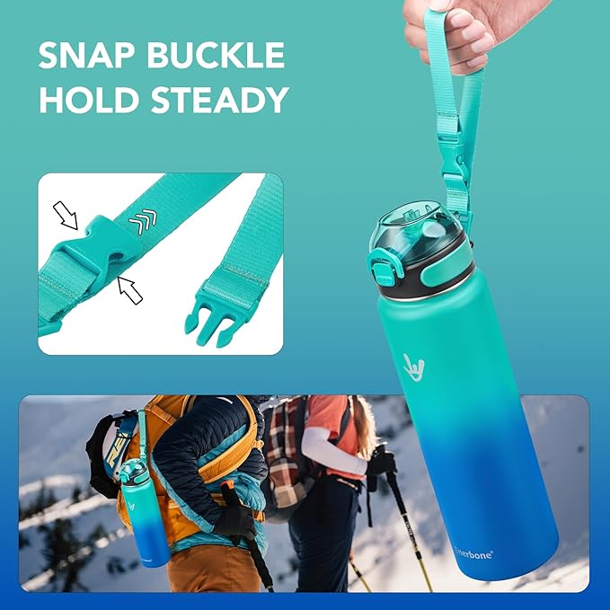 Enerbone Insulated Water Bottle, 32 oz Stainless Steel Water Bottles with Carrying Strap, Double-Wall Vacuum Insulation Thermos, Leakproof Sports Bottle with Straw, Keep Drinks Hot or Cold for Hours