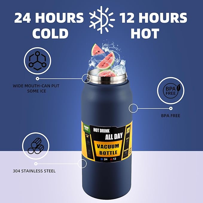 50oz/1.5L Insulated Sports Water Bottle, Stainless Steel Double Wall Water Jug with Handle, 2-in-1 Chug Spout and Straw Lid with Lock Cover for School, Outdoor, Sports & Travel, Navy Blue